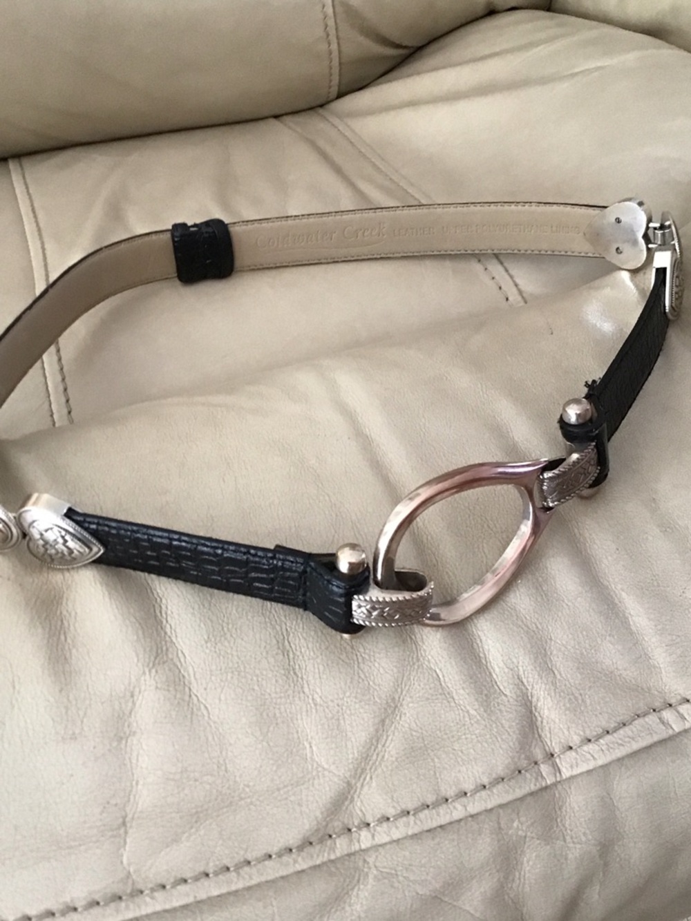 Coldwater Creek Black Leather Equine-Inspired Belt with Silver Hardware